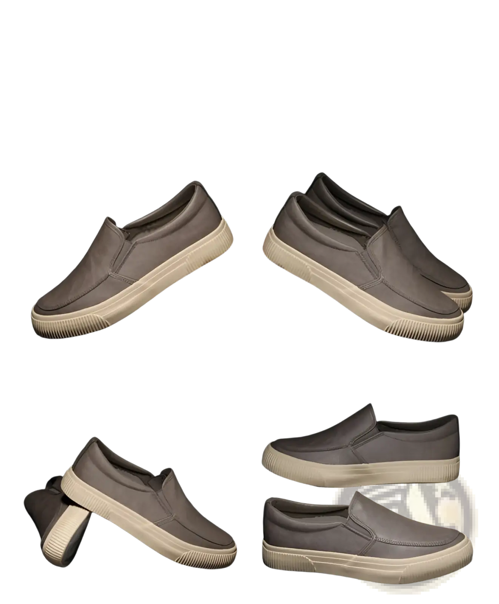Men’s leather slip-on casual fashion sneakers in gray canvas with white rubber sole and stitched detailing