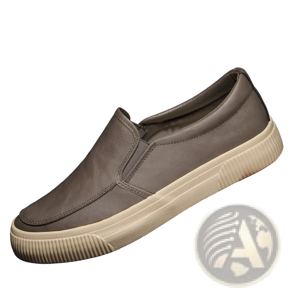 Men’s leather slip-on casual sneaker in gray suede with cream-colored ribbed rubber sole for everyday wear