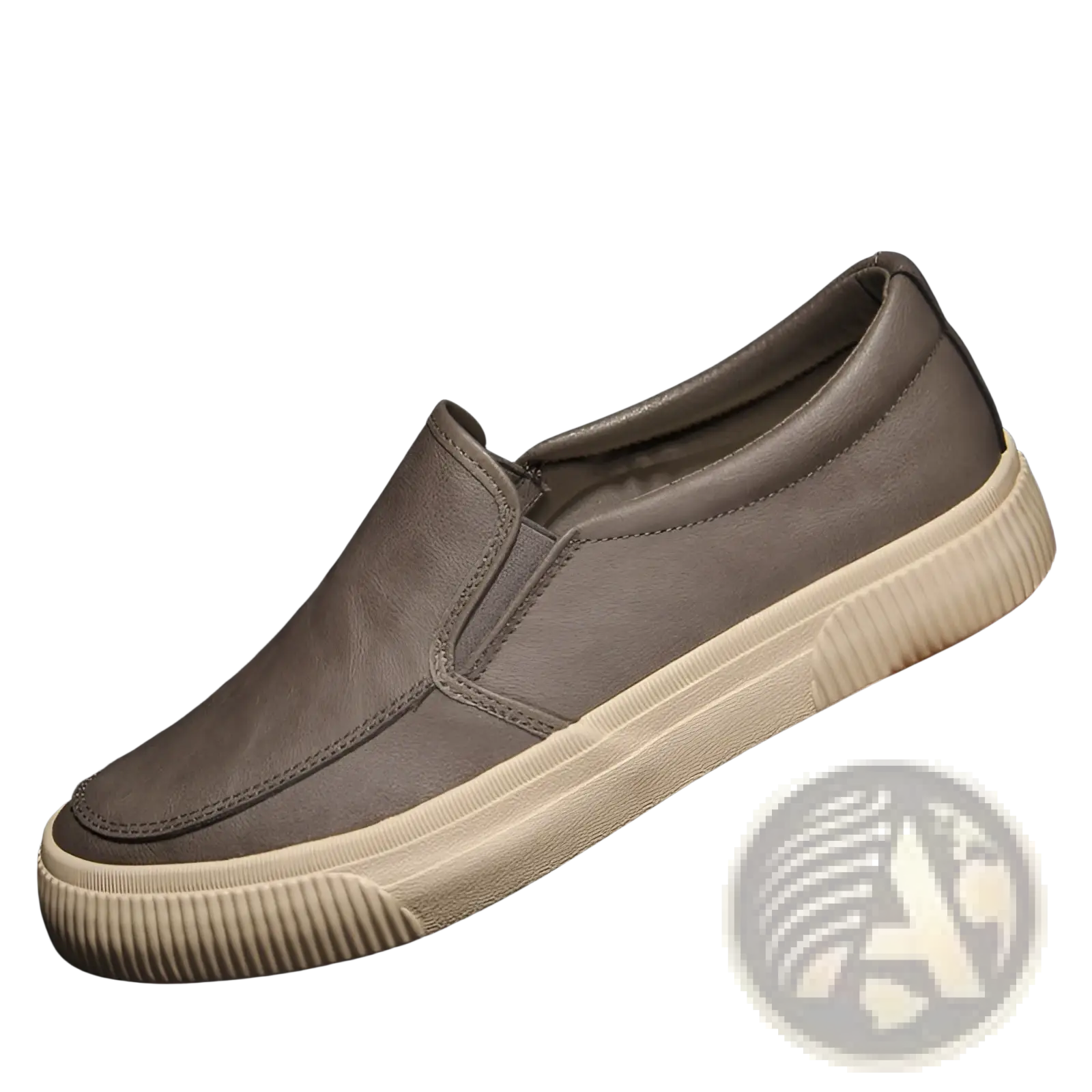 Men’s leather slip-on casual sneaker in gray suede with cream-colored ribbed rubber sole for everyday wear