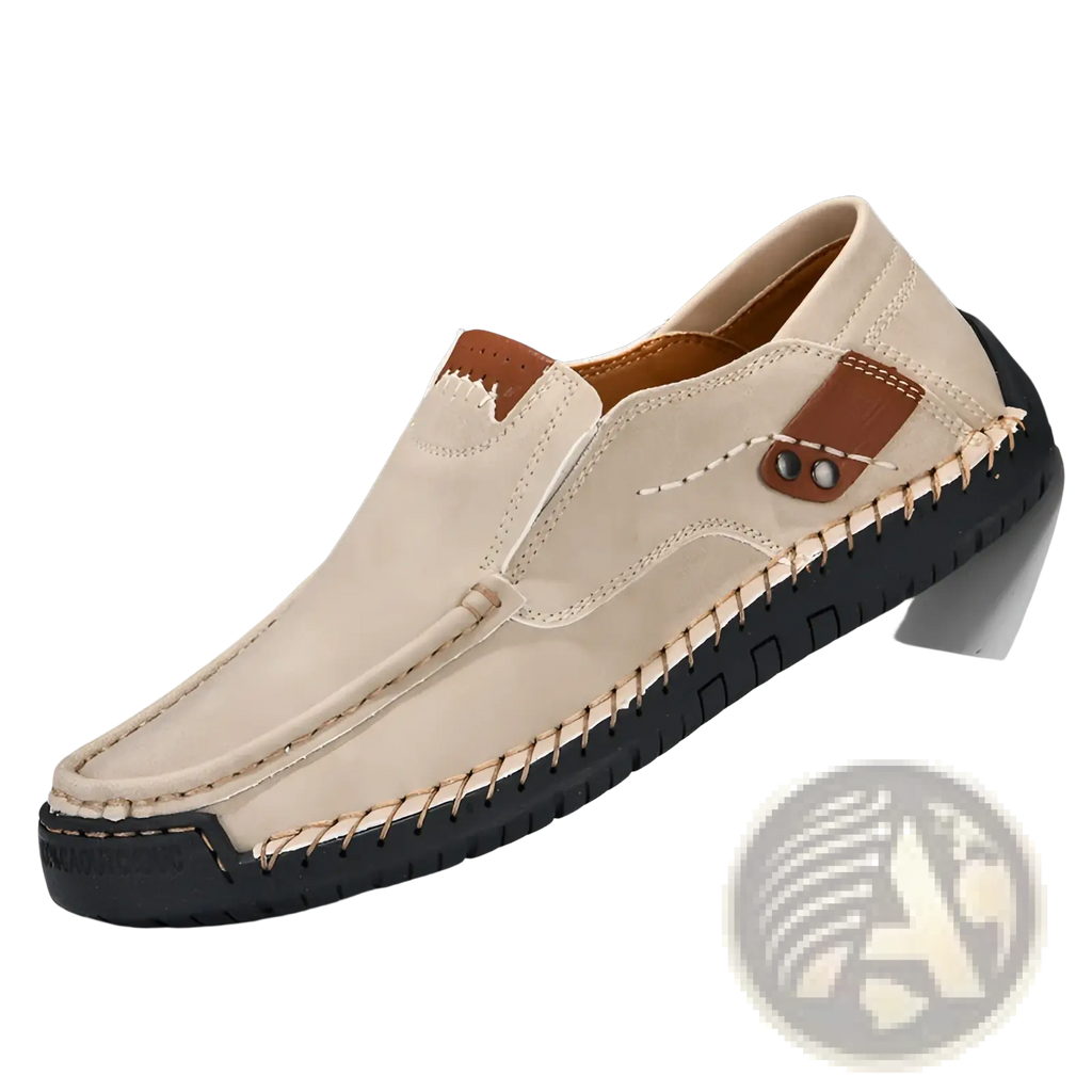 Men’s leather slip-on casual outdoor loafer in beige suede with brown leather accents and black rubber sole