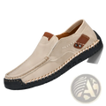 Men’s leather slip-on casual outdoor loafer in beige suede with brown leather accents and black rubber sole