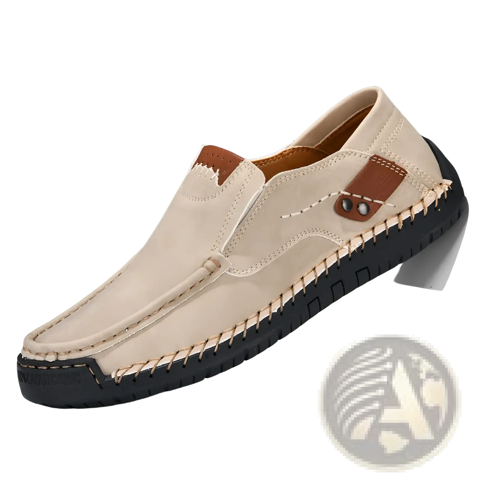 Men’s leather slip-on casual outdoor loafer in beige suede with brown leather accents and black rubber sole