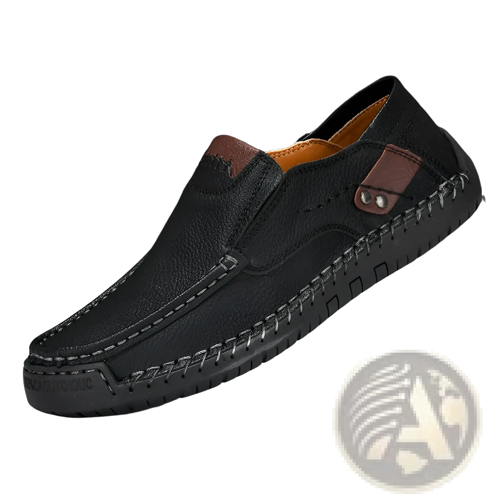 Men’s black leather slip on loafer with brown accents and visible stitching for casual outdoor use