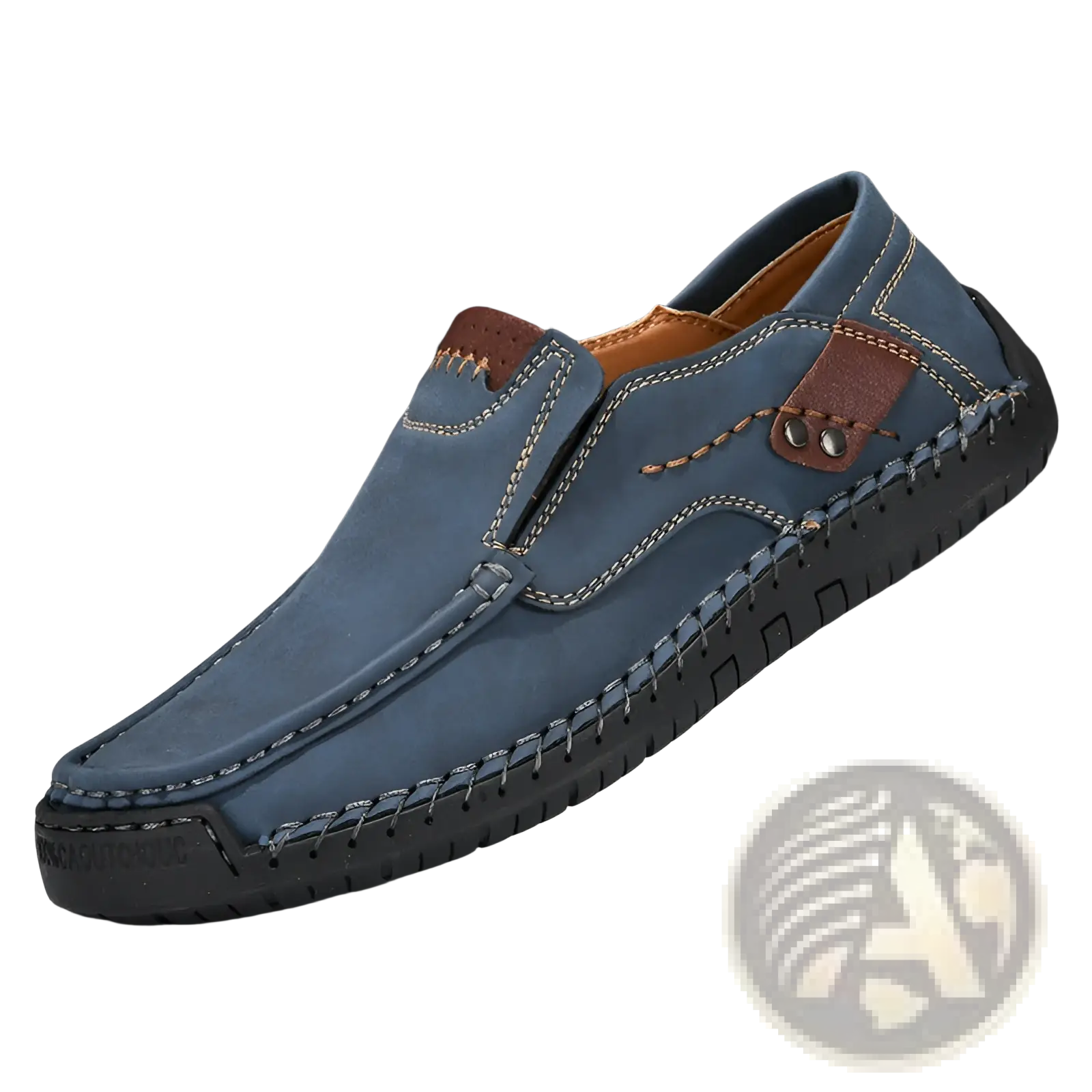 Men’s blue suede slip on casual outdoor loafer with brown leather accents and contrasting stitching
