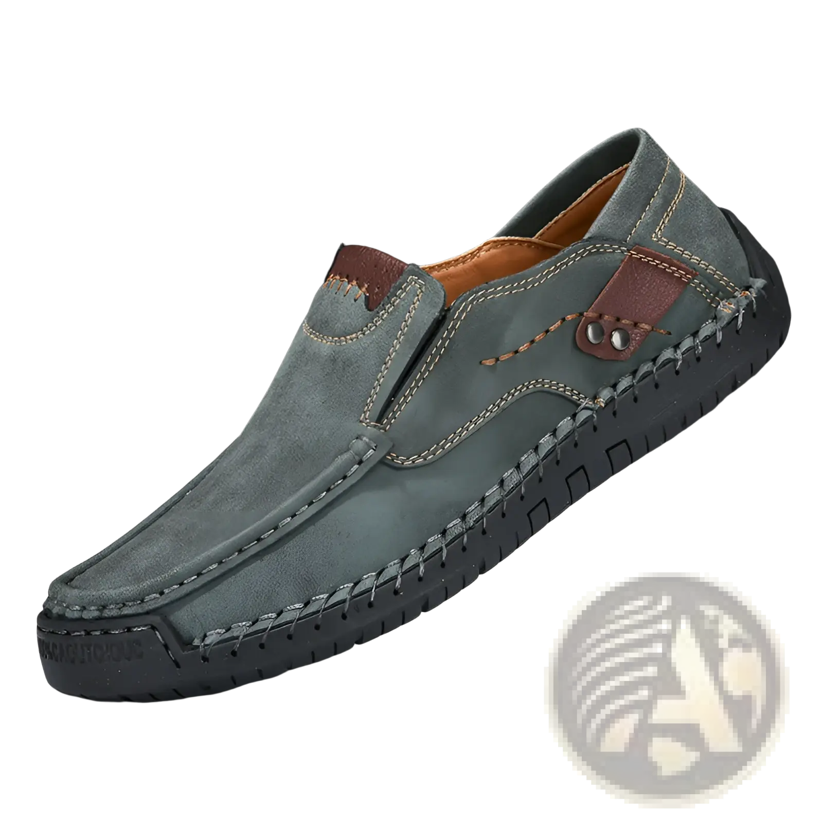 Men’s leather slip on casual outdoor loafer in dark green suede with brown leather accents and visible stitching details