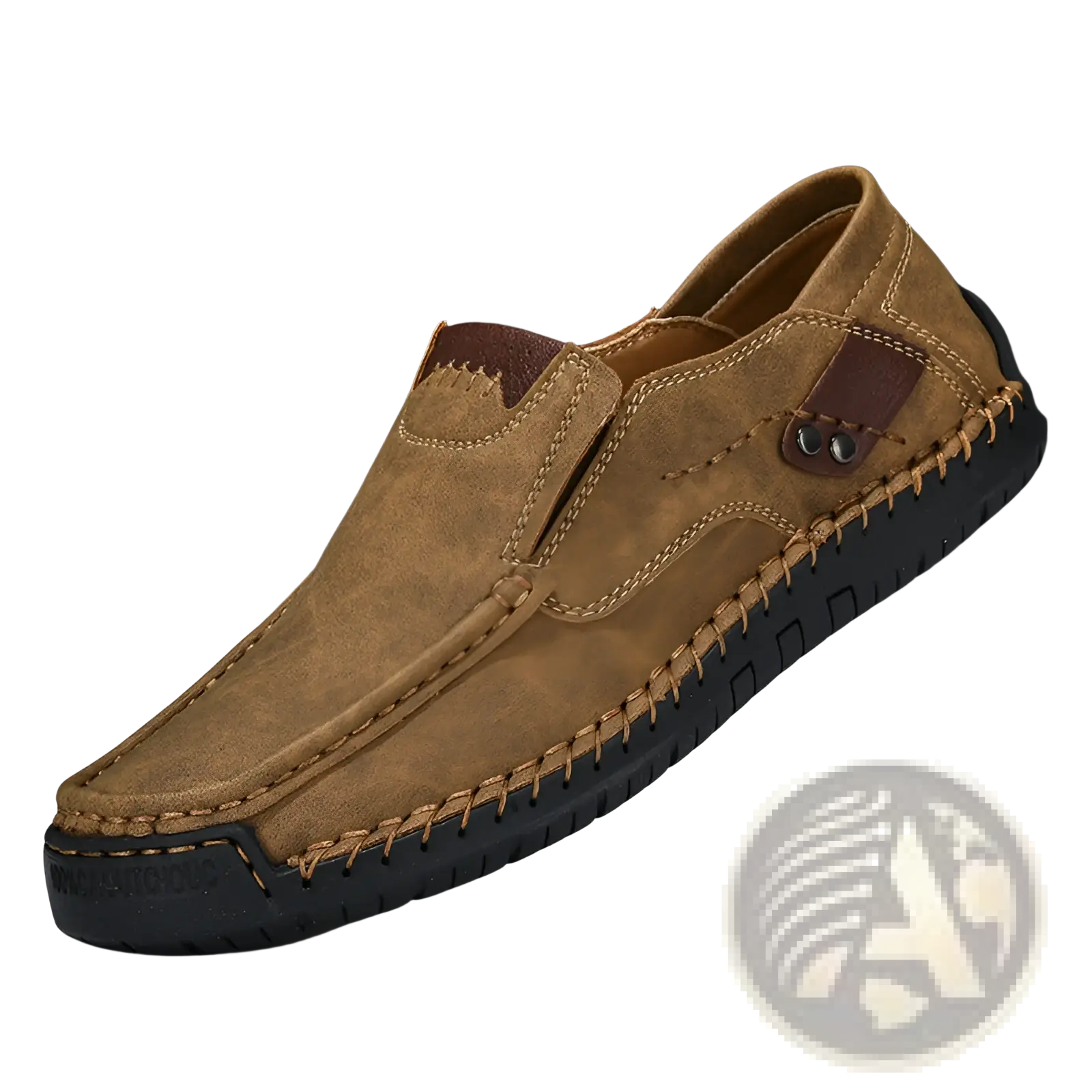 Tan suede men’s leather slip-on casual outdoor loafer with brown leather accents and visible stitching details