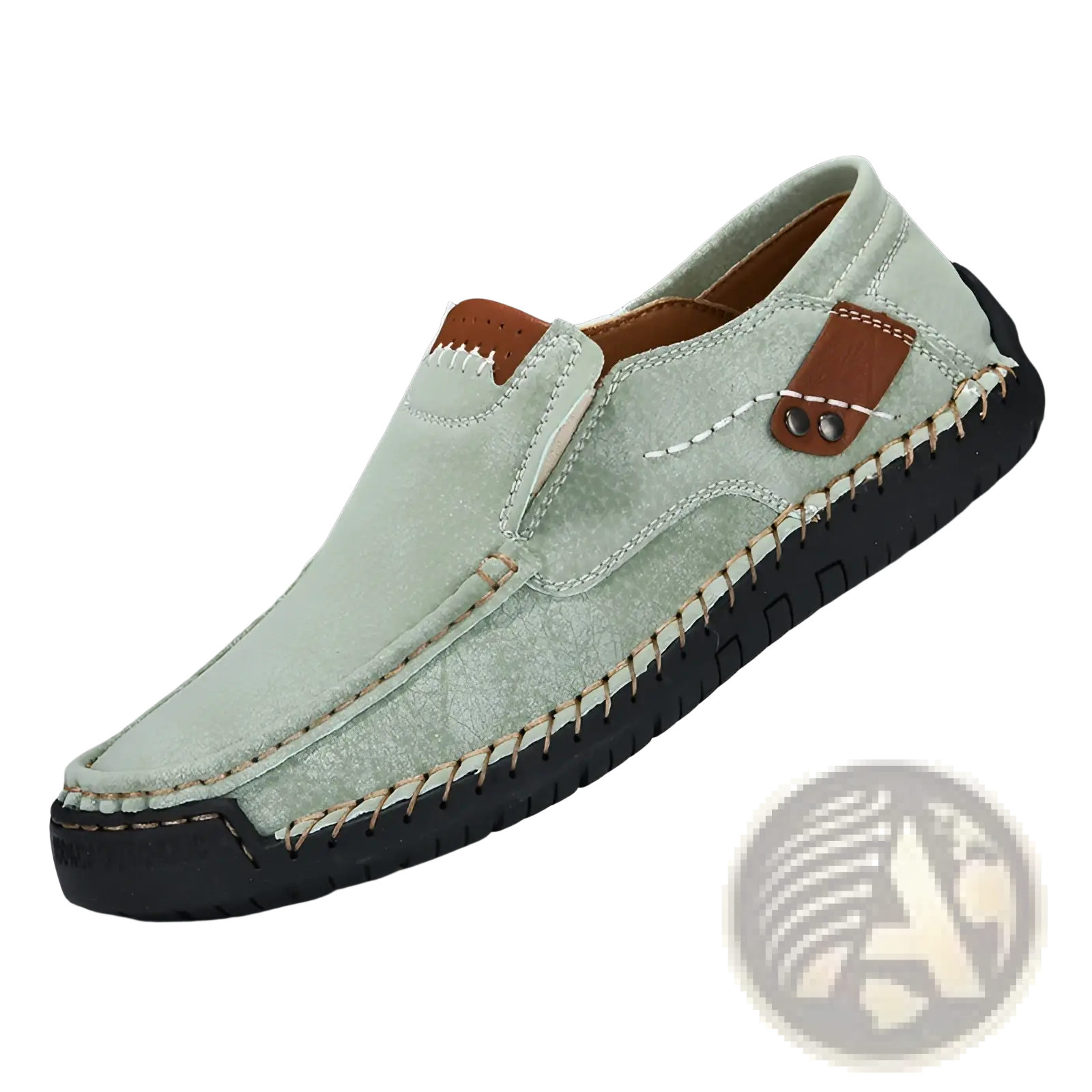 Men’s light green suede slip-on casual outdoor loafer with brown leather accents and visible stitching