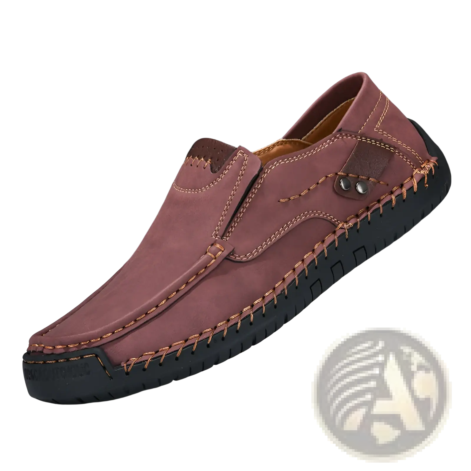 Men’s brown suede leather slip-on casual outdoor loafer with tan stitching and black rubber sole