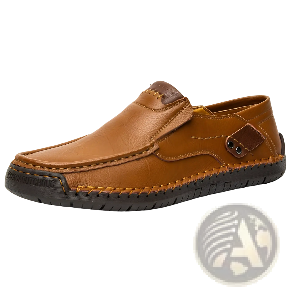 Men’s tan leather slip-on casual outdoor loafer with brown accents and visible stitching