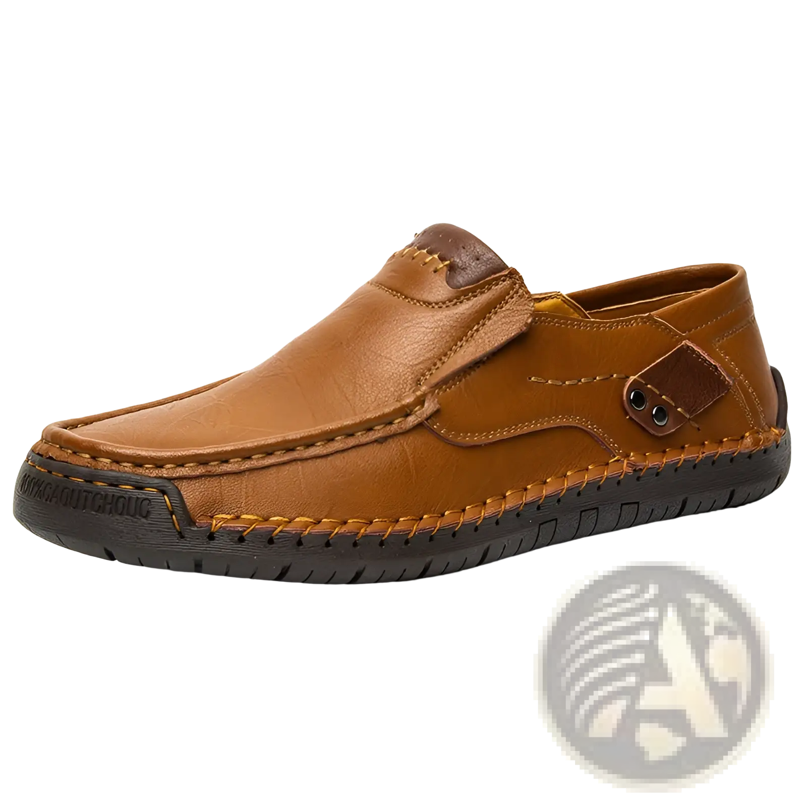 Men’s tan leather slip-on casual outdoor loafer with brown accents and visible stitching