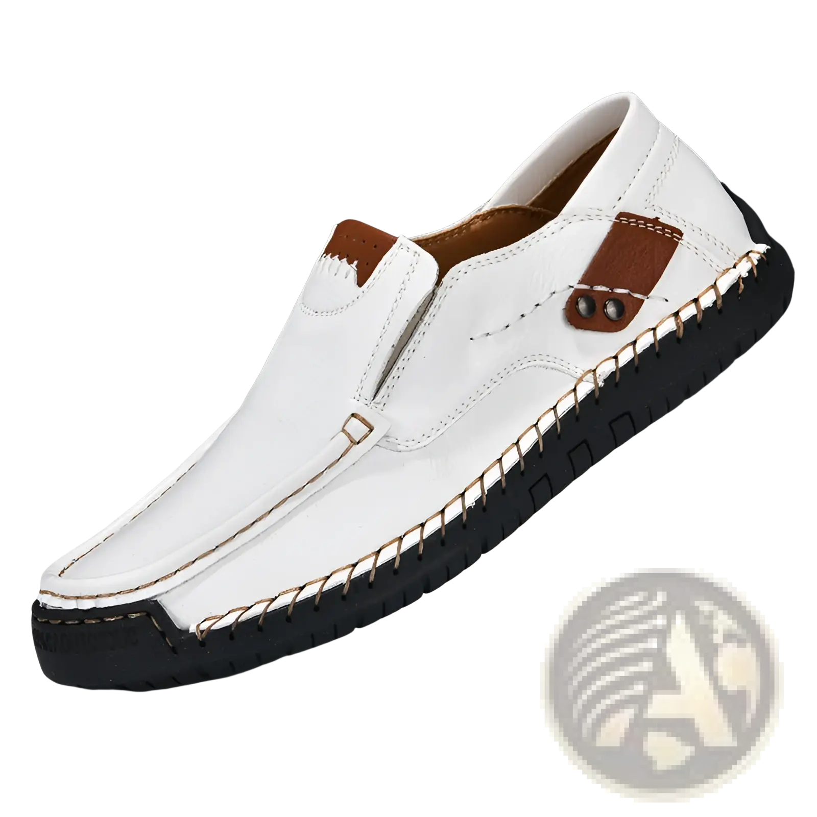 Men’s white leather slip on casual outdoor loafer with brown accents and visible stitching details
