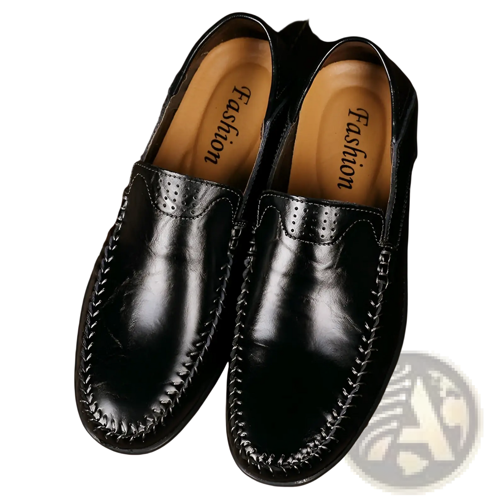 Men’s black leather slip on loafers with decorative stitching and perforated detailing for business casual wear