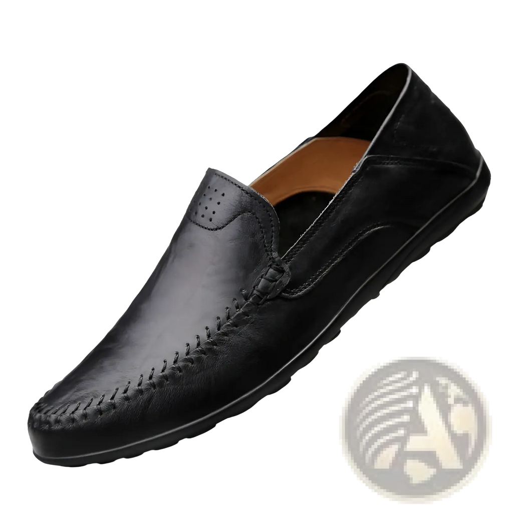 Men’s black leather slip-on loafers with stitched detailing and perforated toe accent for business casual wear
