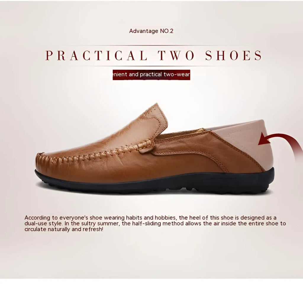 Men’s brown leather slip-on loafers with beige interior and black rubber sole for business casual shoes