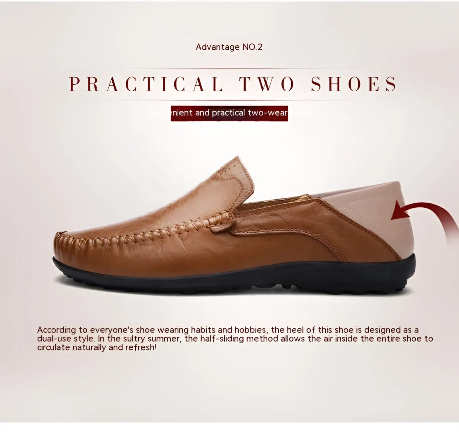 Men’s brown leather slip-on loafers with beige interior and black rubber sole for business casual shoes