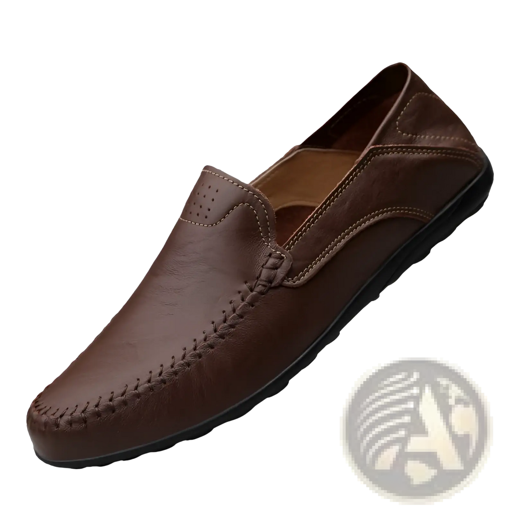 Men’s brown leather slip on loafers with stitched detailing and black rubber sole for business casual use