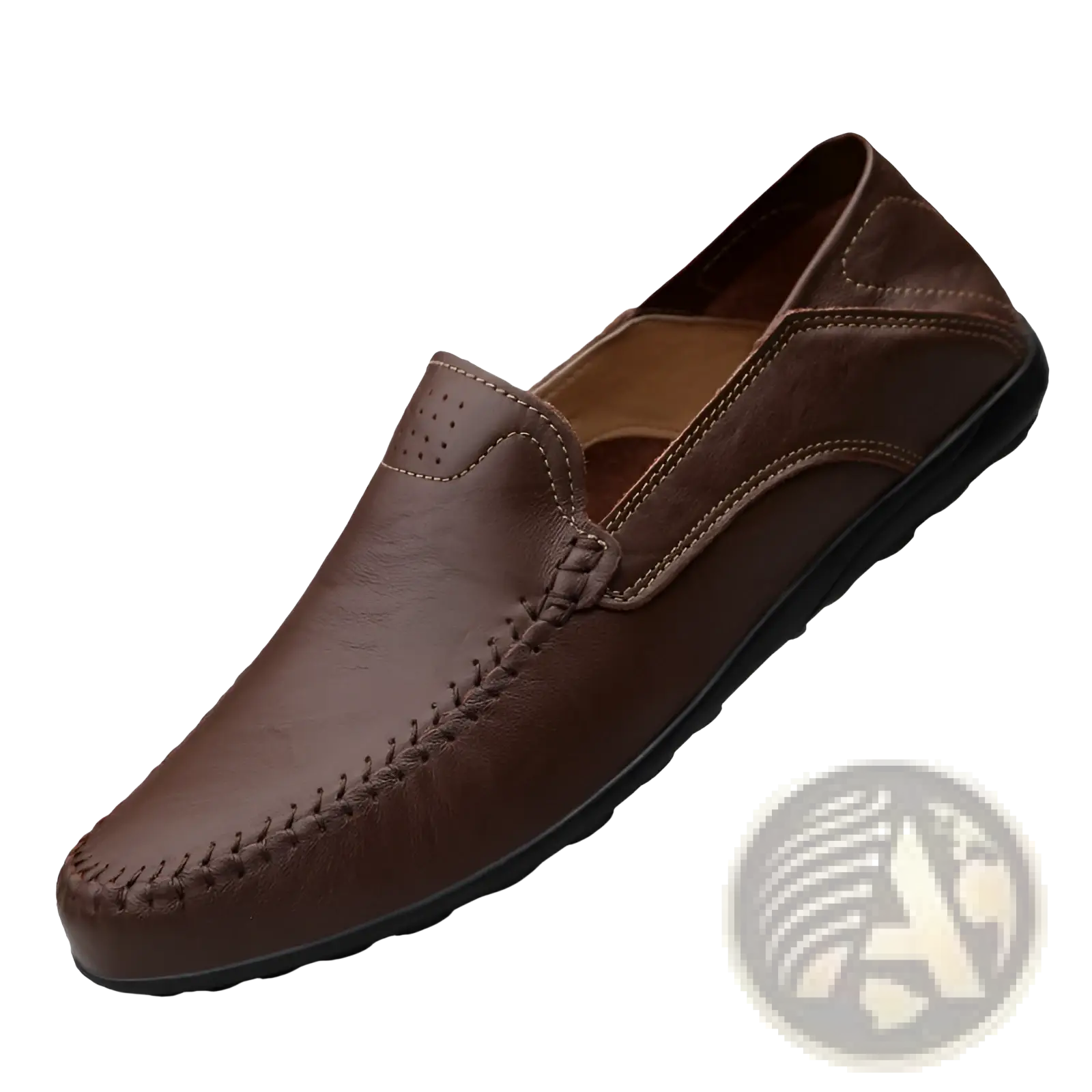 Men’s brown leather slip on loafers with stitched detailing and black rubber sole for business casual use