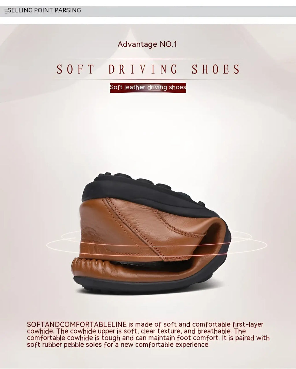 Men’s leather slip on loafers in brown soft leather with black rubber sole and textured tread for business casual use