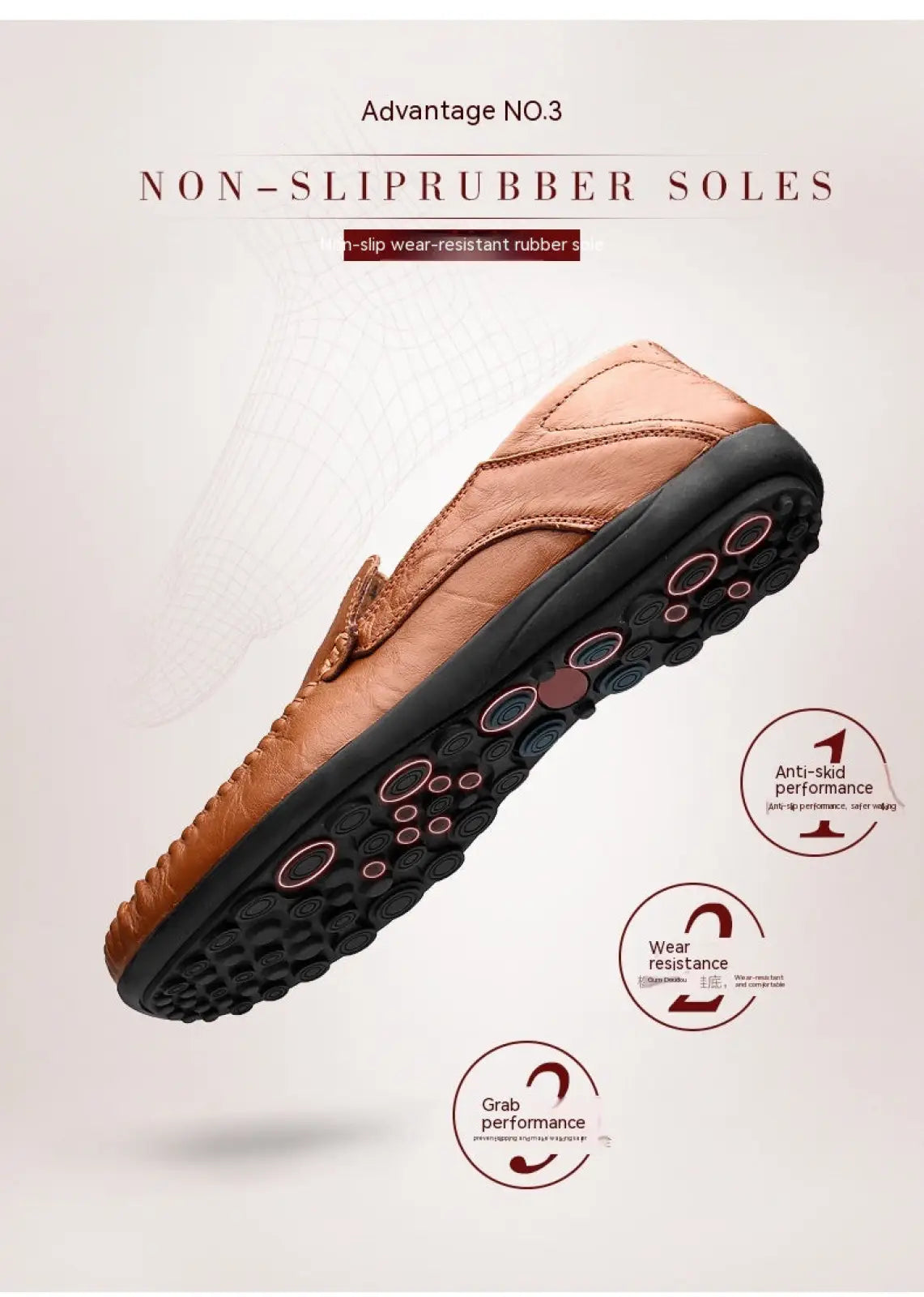 Men’s tan leather slip-on loafers with black rubber sole and pink circular tread patterns for business casual wear