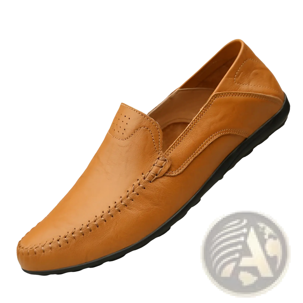 Men’s leather slip on loafer in tan with black rubber sole and decorative stitching for business casual use