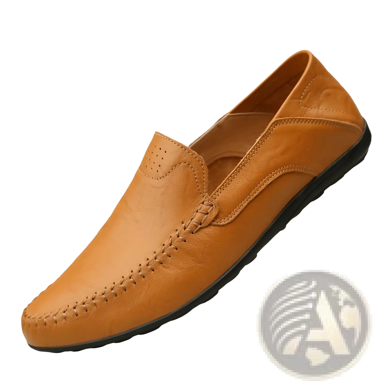 Men’s tan leather slip on loafers with black rubber sole and decorative stitching for business casual use