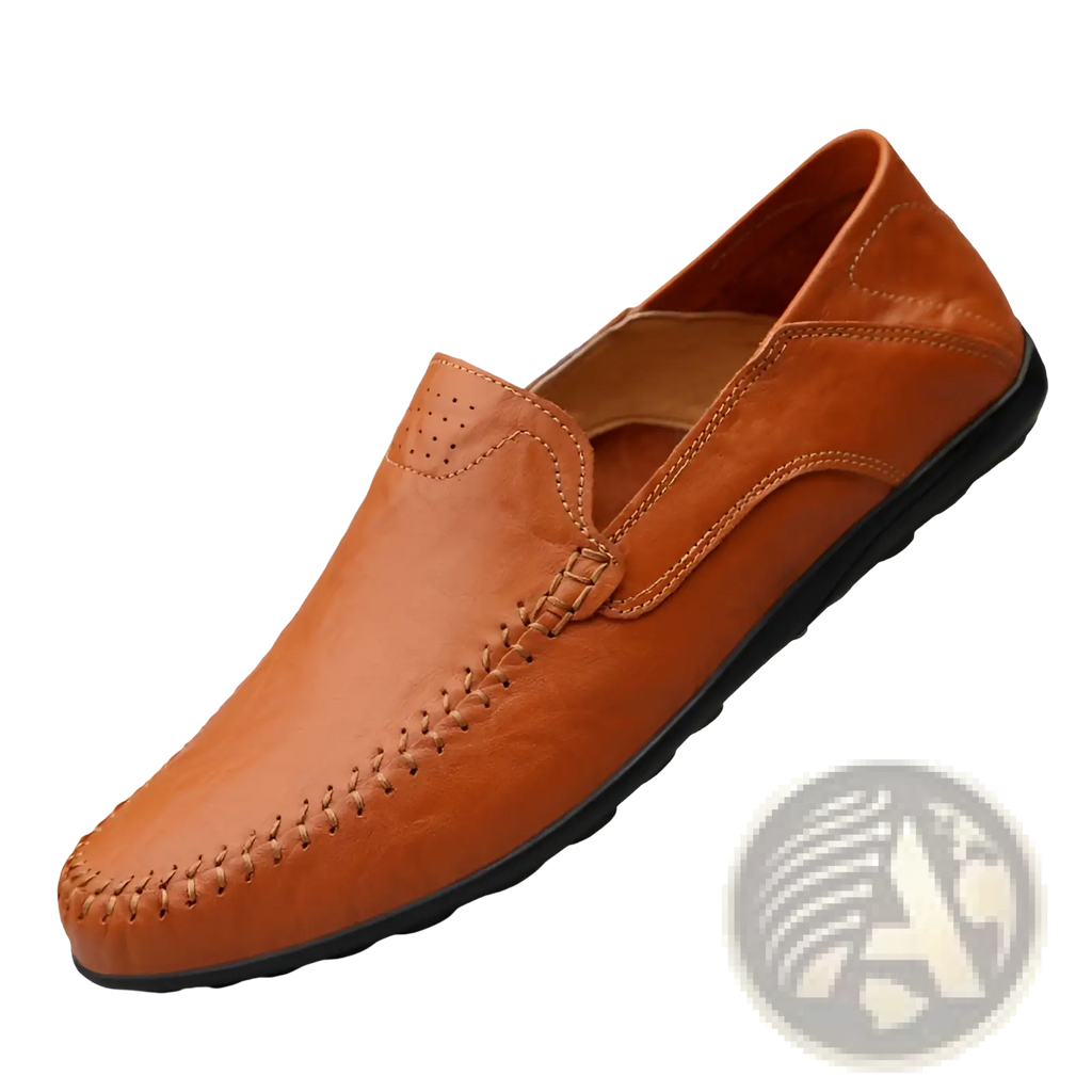 Men’s leather slip on loafer in tan with visible stitching and black rubber sole for business casual wear