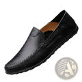 Men’s black leather slip on loafers with stitched detailing and perforated toe accent for business casual wear