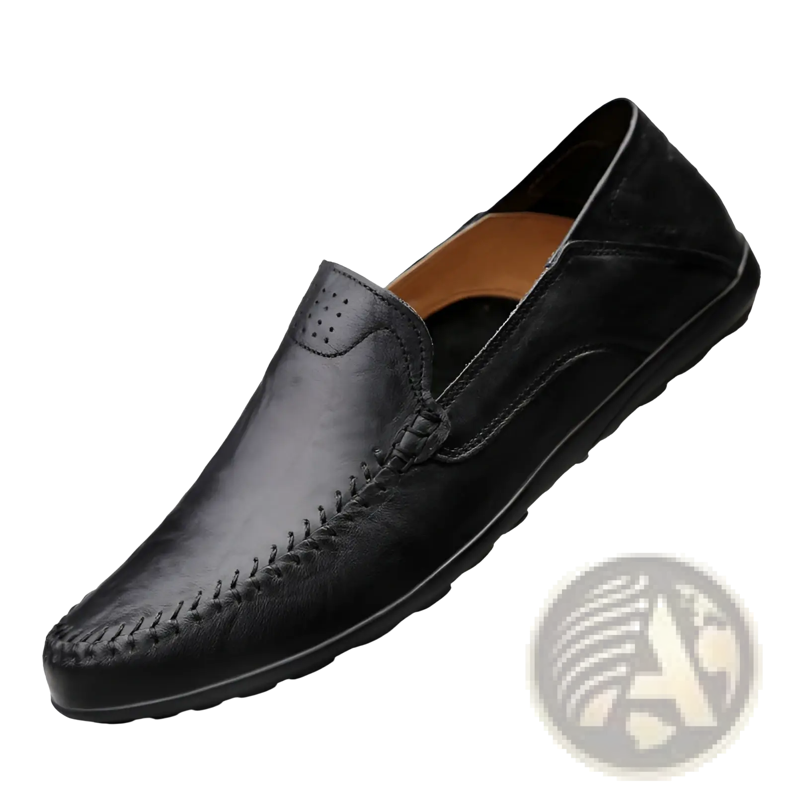 Men’s black leather slip on loafers with stitched detailing and perforated toe accent for business casual wear