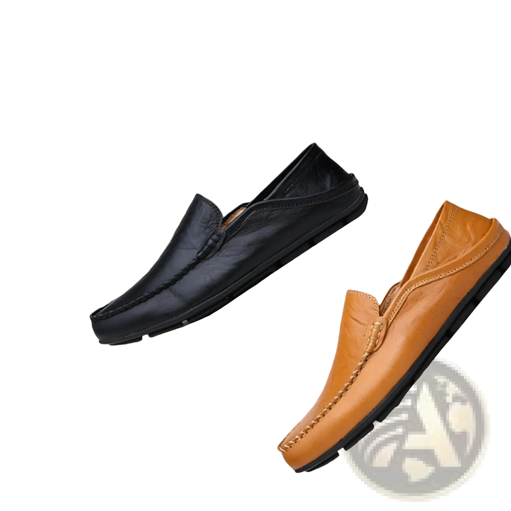 Men’s leather slip on loafers in black and tan with stitched detailing casual driving shoes