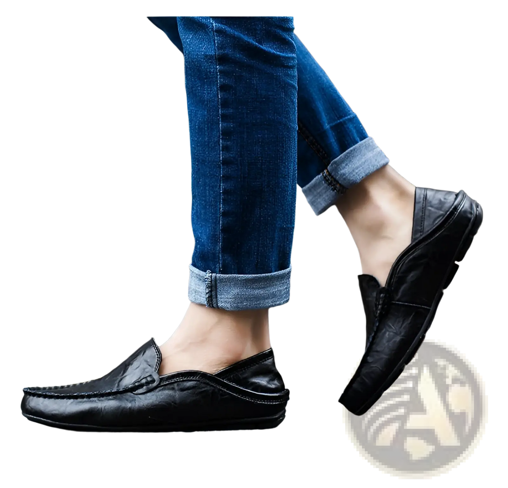 Black leather men’s slip-on loafers with textured surface and stitched detailing for casual driving shoes