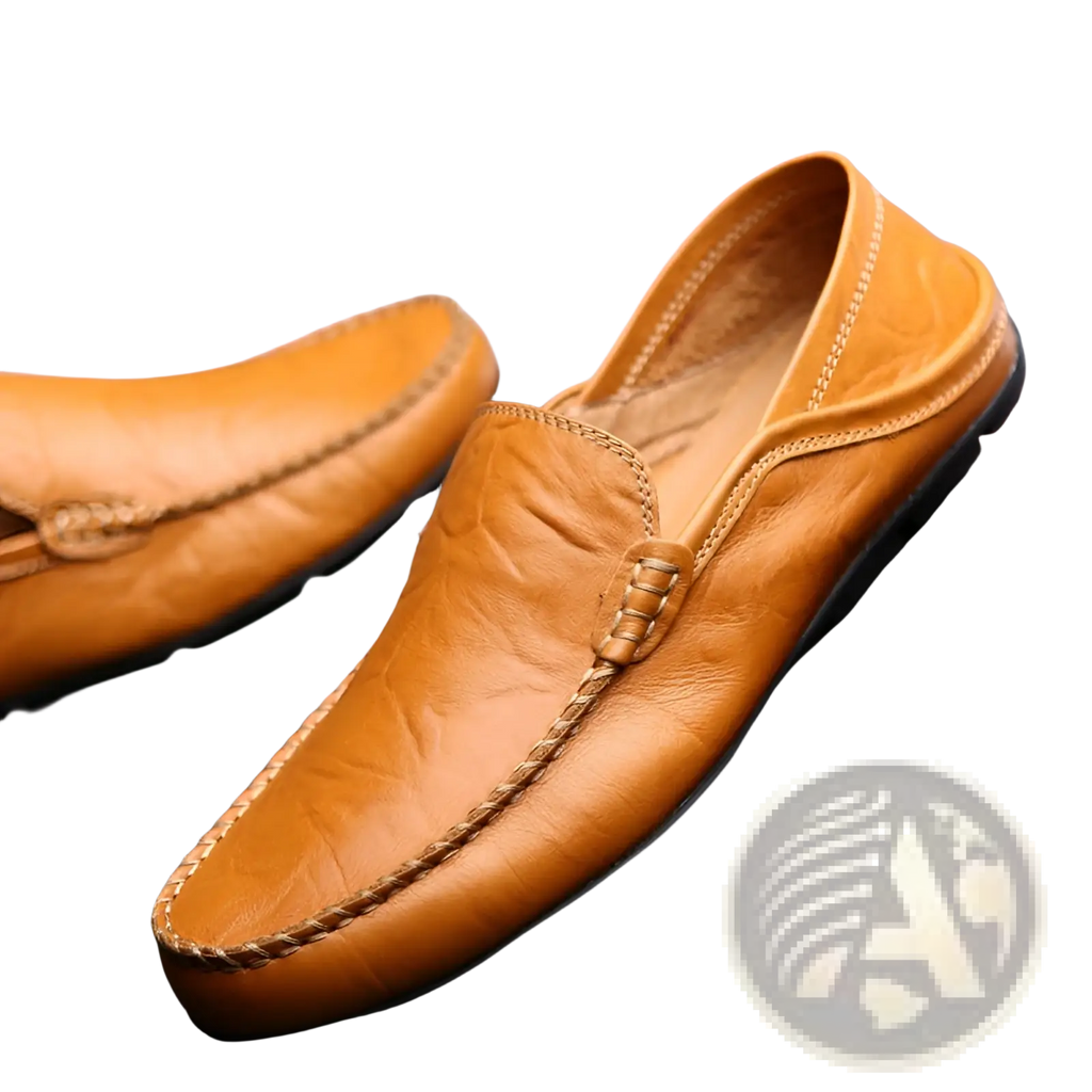 Tan leather men’s slip on loafer with braided stitching and black rubber sole for casual driving shoes