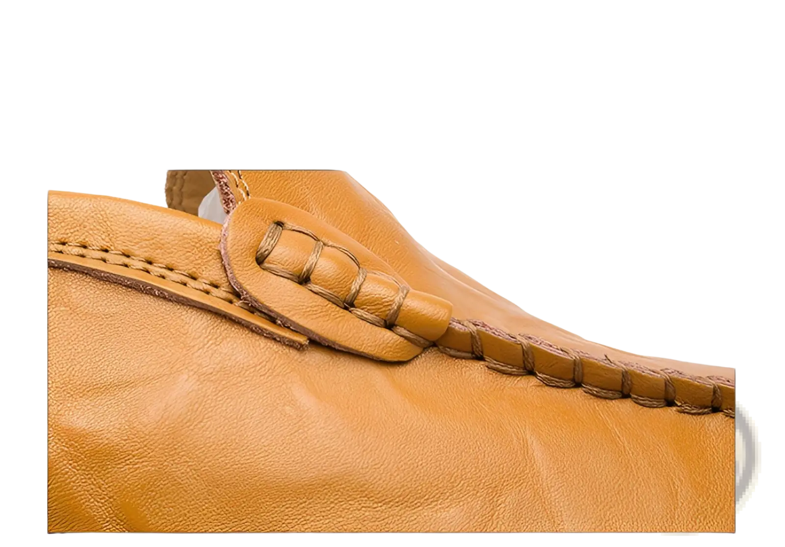 Men’s tan leather slip on loafers with visible stitching and decorative strap detail casual driving shoes