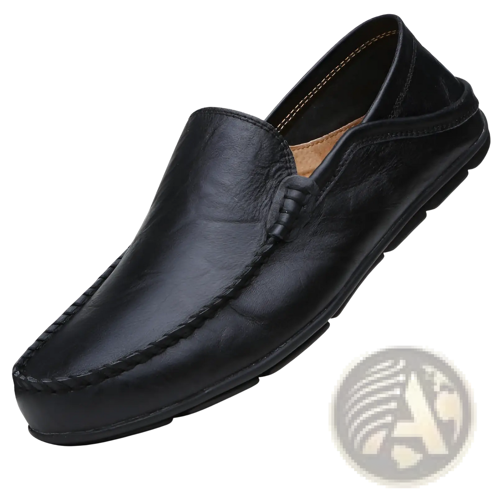 Black leather men’s slip on loafer with stitched detailing and padded collar for casual driving use