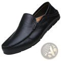 Black leather men’s slip on loafer with stitched detailing and padded collar for casual driving use
