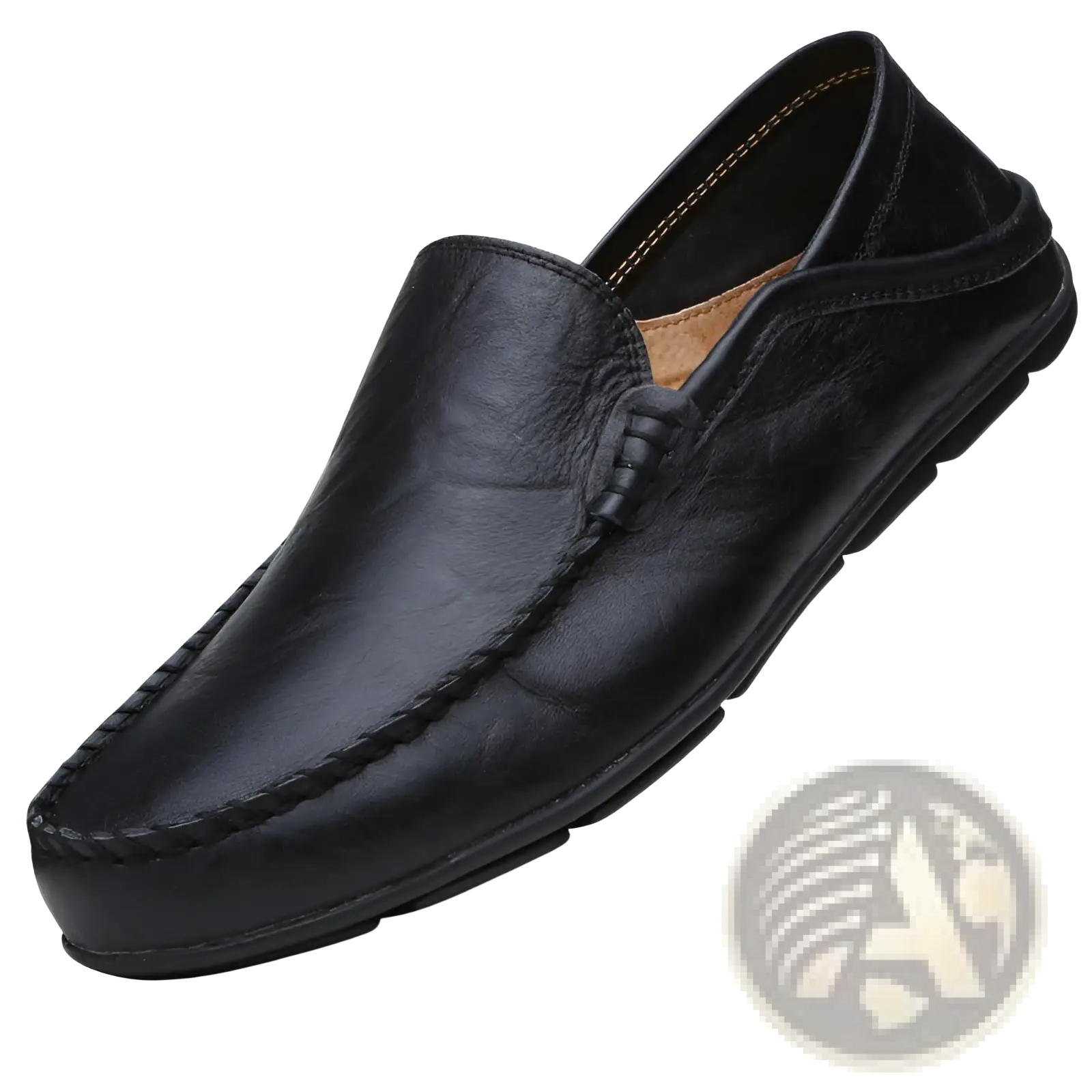 Black leather men’s slip on loafer with stitched detailing and padded collar for casual driving use