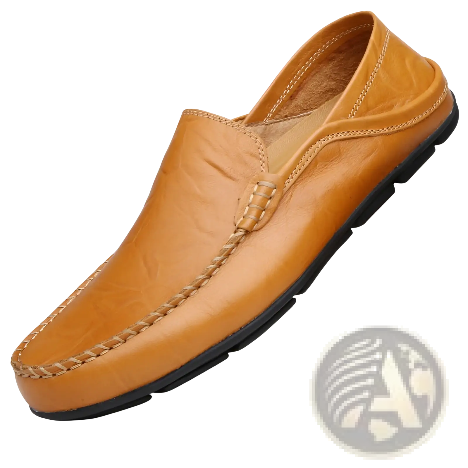 Men’s tan leather slip on loafers with black rubber sole and braided stitching for casual driving shoes