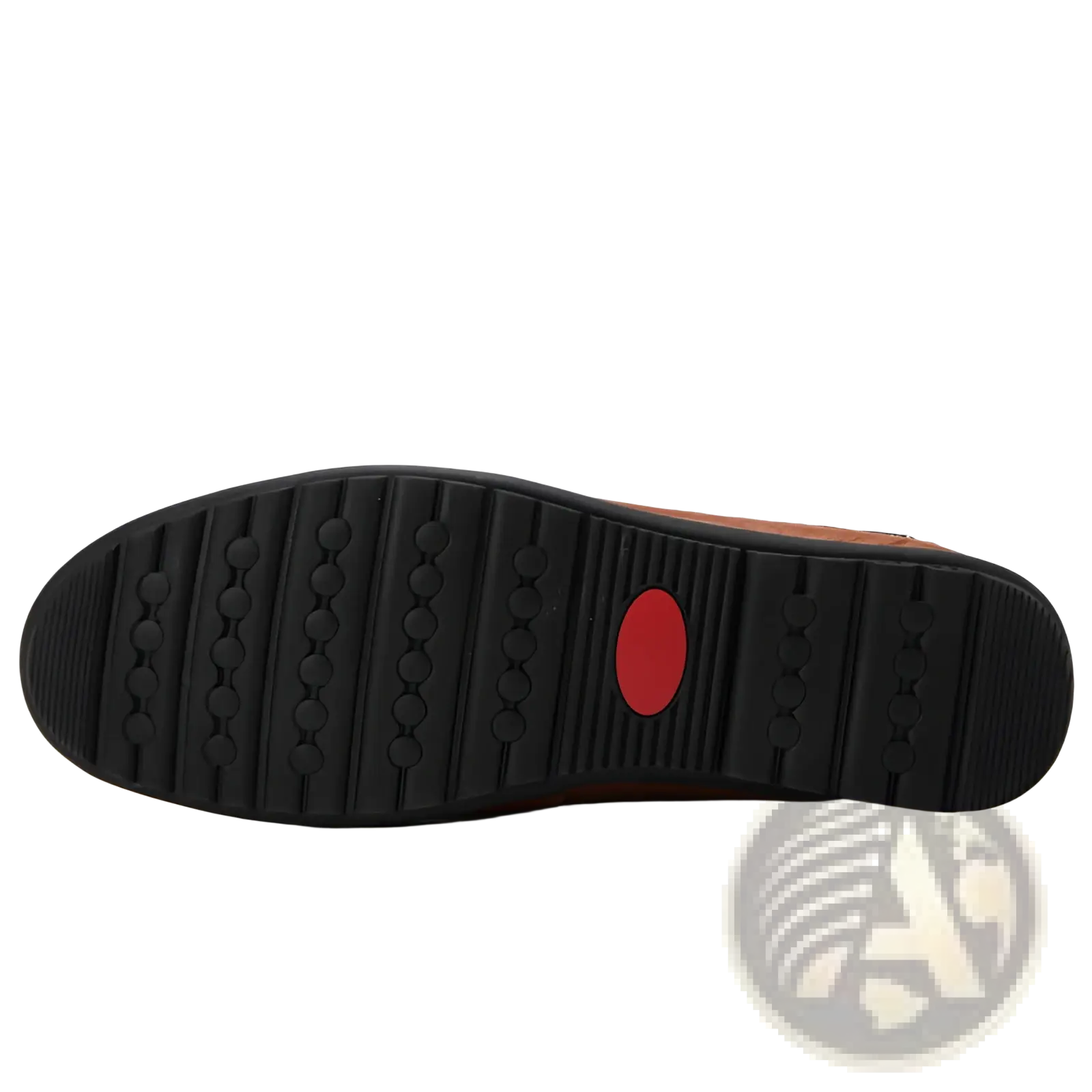 Men’s brown leather slip on loafers with black rubber sole and circular tread patterns shown from the back side