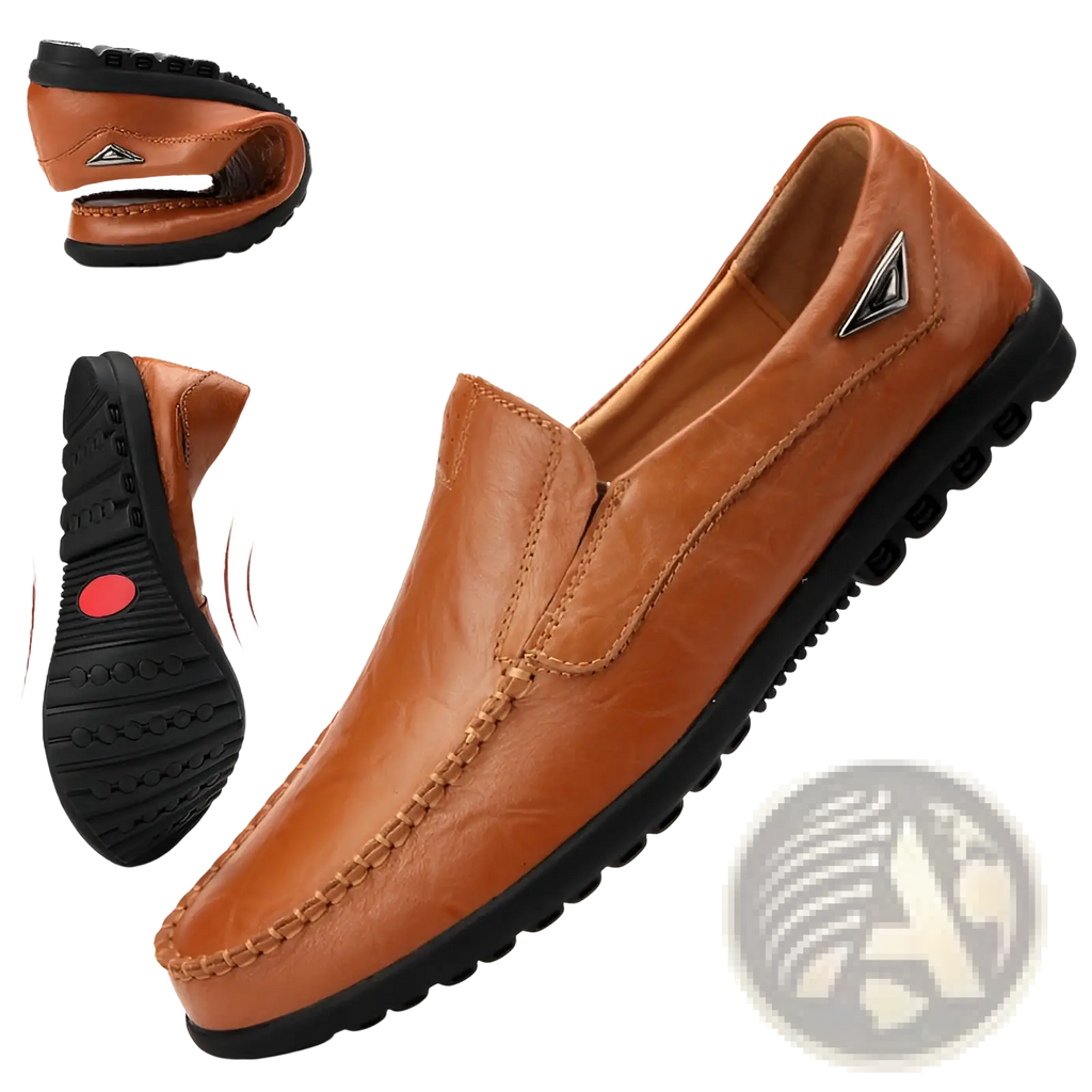 Men’s tan leather slip on loafer with black rubber sole and stitched detailing for casual wear