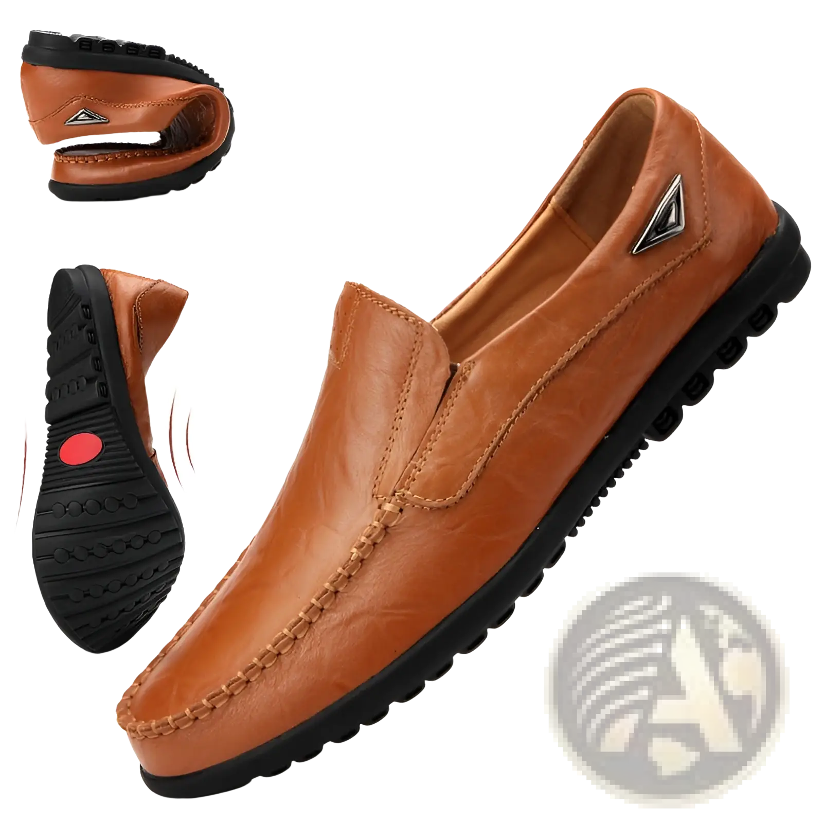 Men’s tan leather slip on loafer with black rubber sole and stitched detailing for casual wear