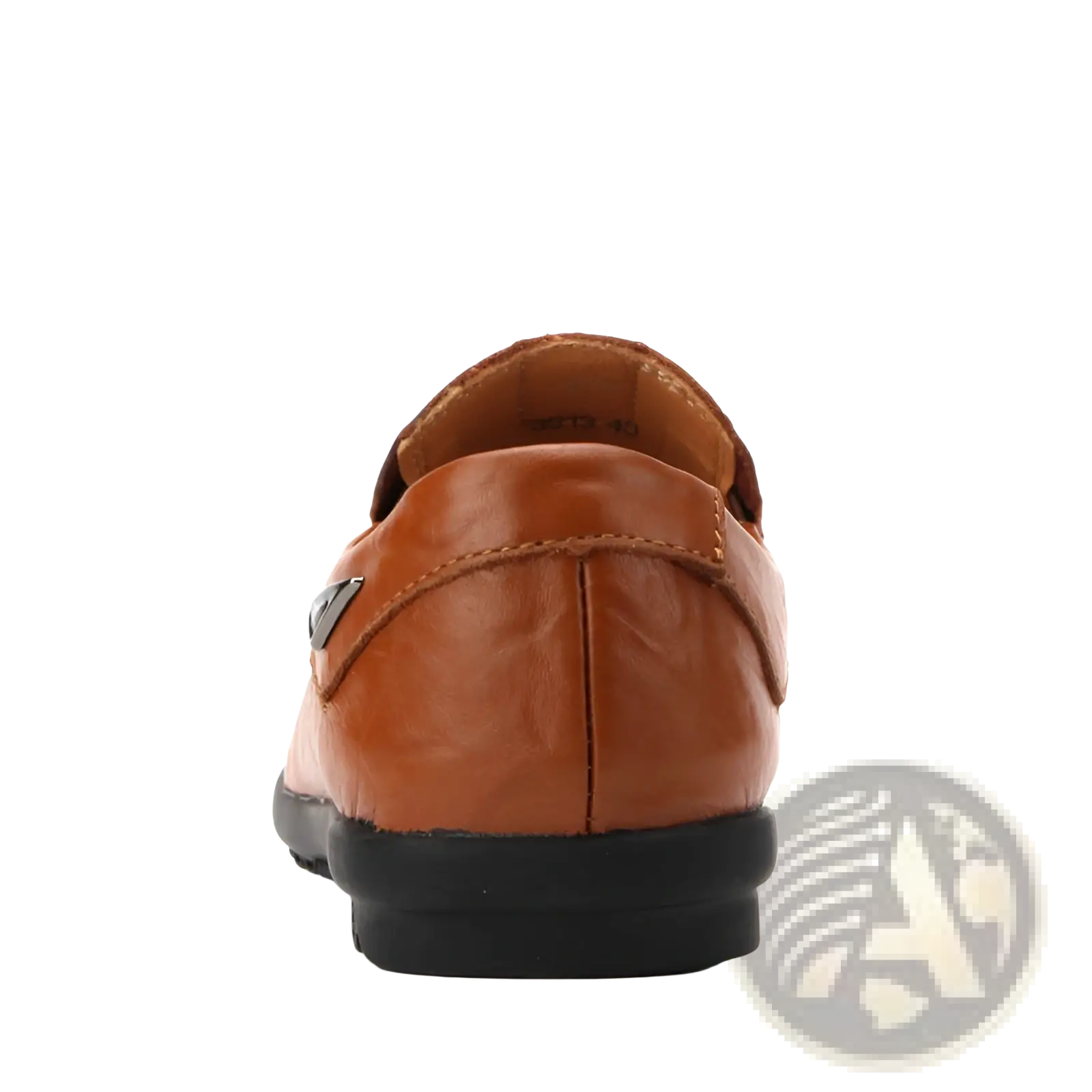 Men’s tan leather slip on loafers with a black rubber sole and small metallic logo for casual wear
