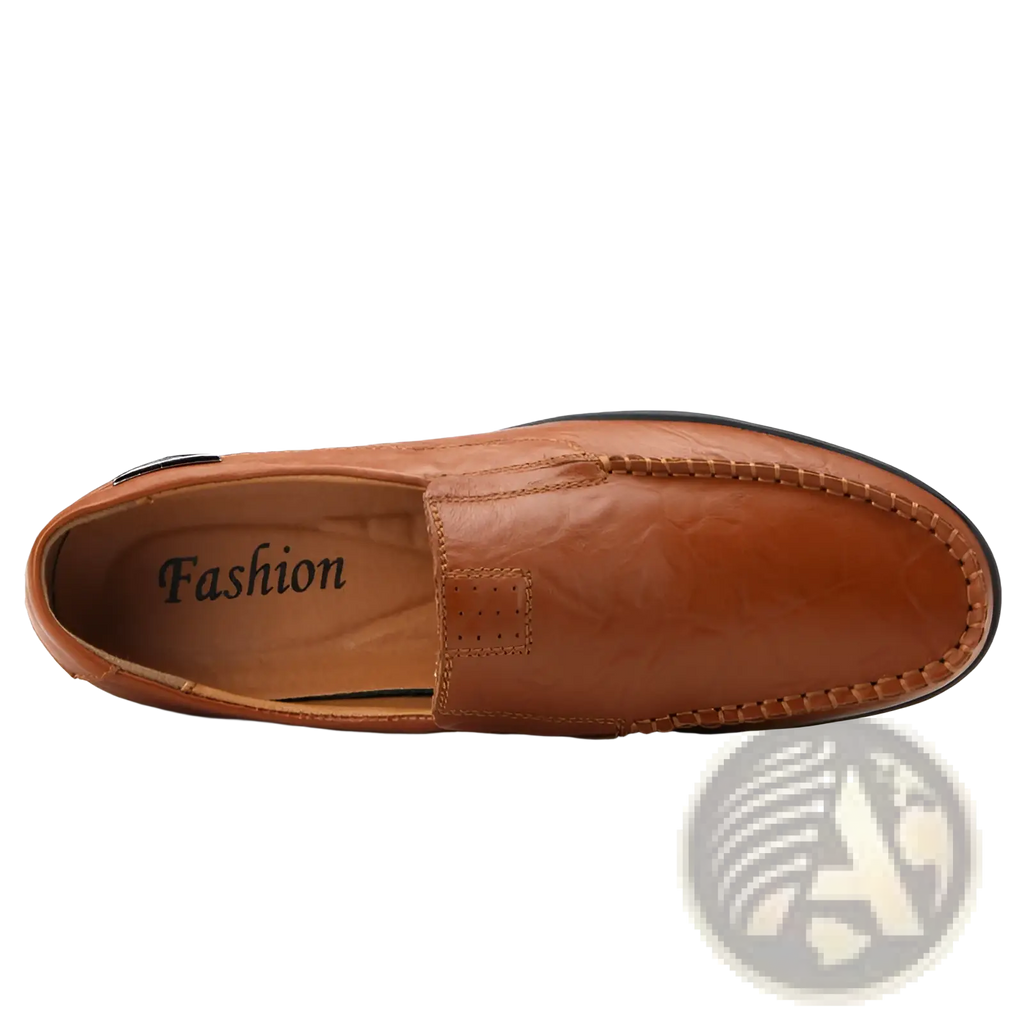 Men’s tan leather slip on loafers with visible stitching along toe and side seams casual flat shoes