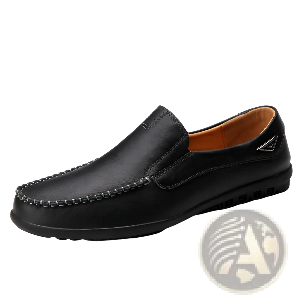 Men’s black leather slip on loafers with contrasting white stitching and tan interior lining for casual wear