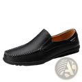 Men’s black leather slip on loafers with contrasting white stitching and tan interior lining for casual wear