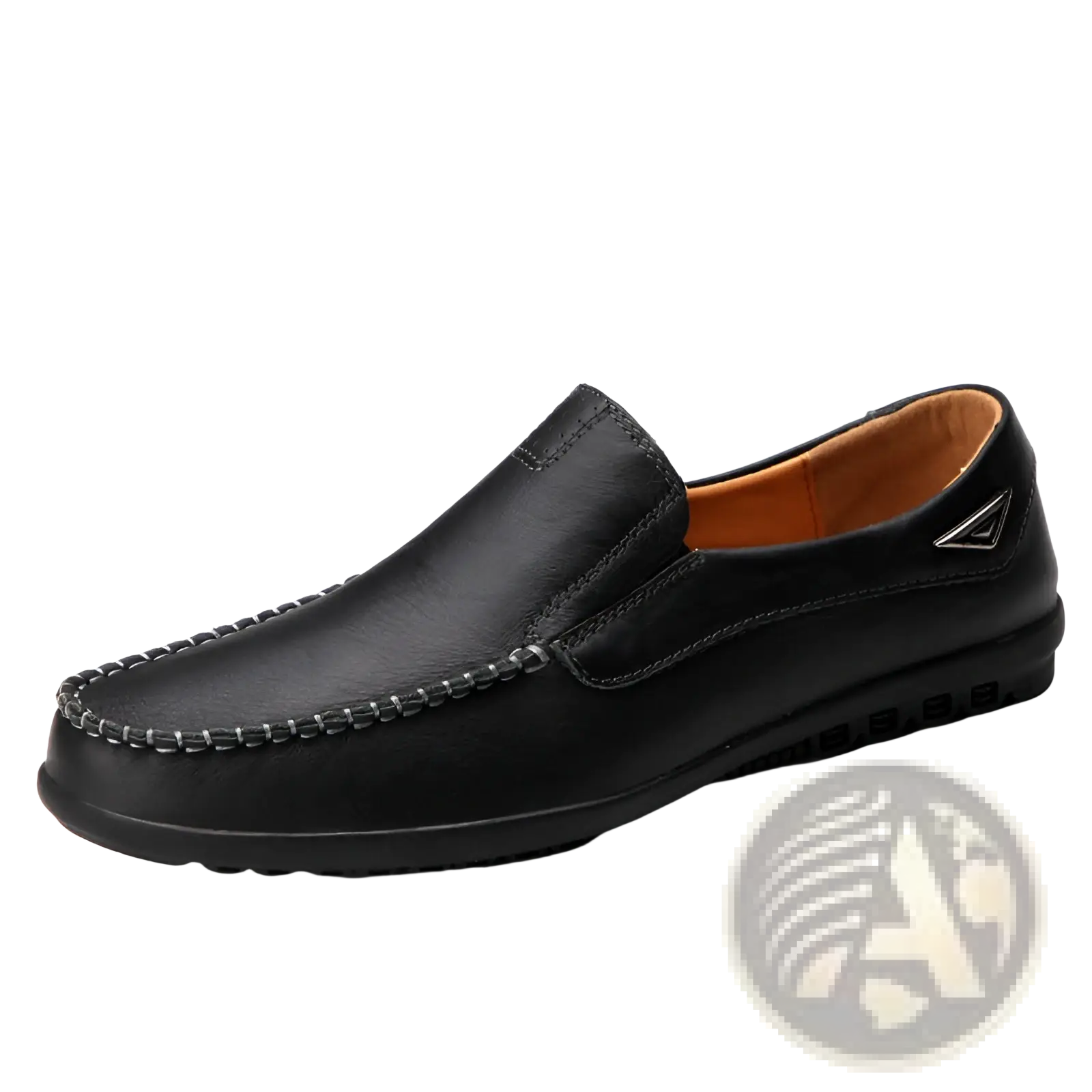 Men’s black leather slip on loafers with contrasting white stitching and tan interior lining for casual wear