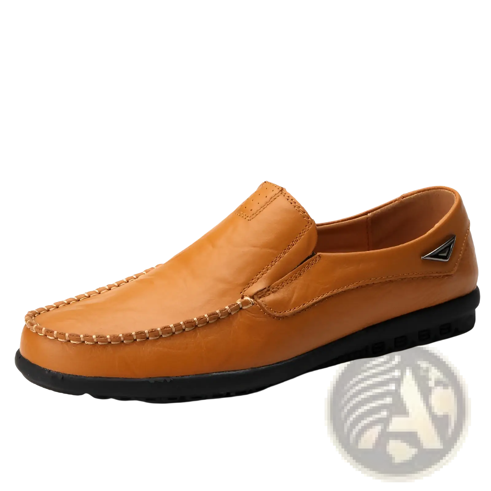 Tan leather slip on loafer with black rubber sole and stitched detailing for men’s casual flat shoes