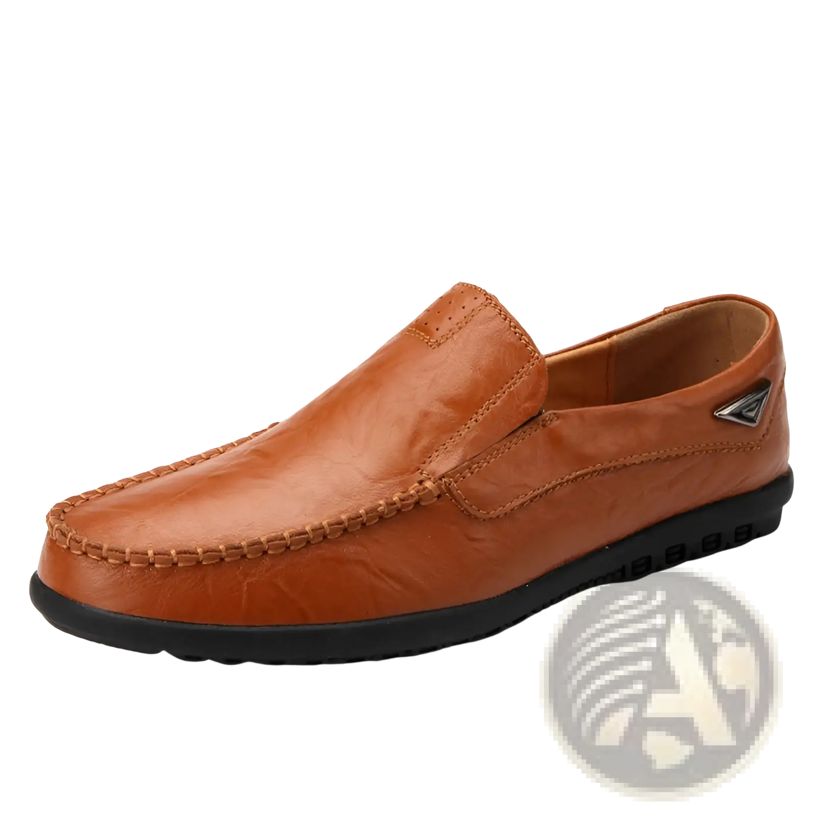Men’s tan leather slip on loafers with black rubber sole and stitched detailing for casual flat shoes