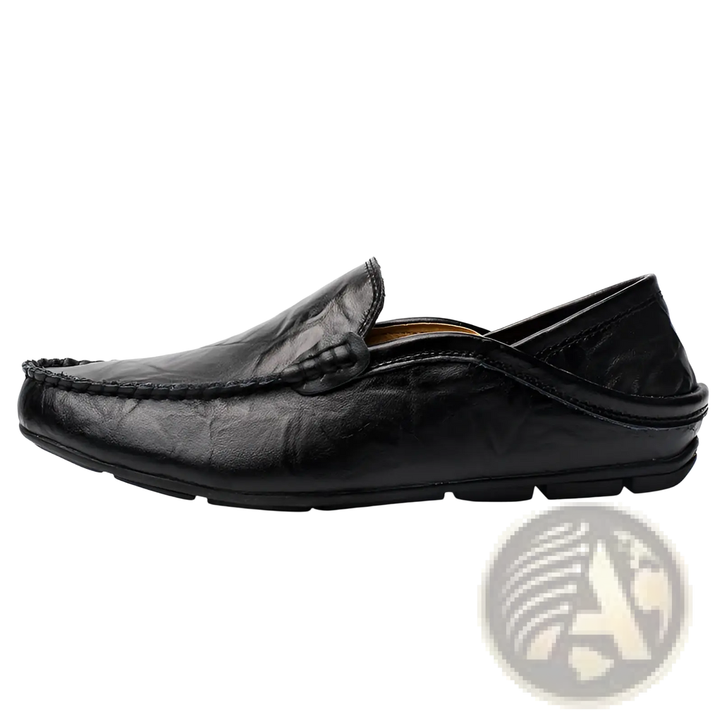 Black leather slip-on loafer with textured surface and stitched detailing for men’s casual wear