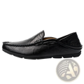 Black leather slip-on loafer with textured surface and stitched detailing for men’s casual wear