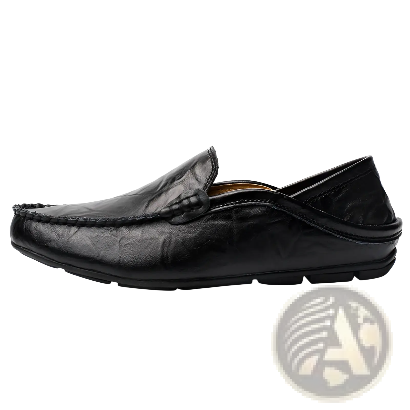 Black leather slip-on loafer with textured surface and stitched detailing for men’s casual wear