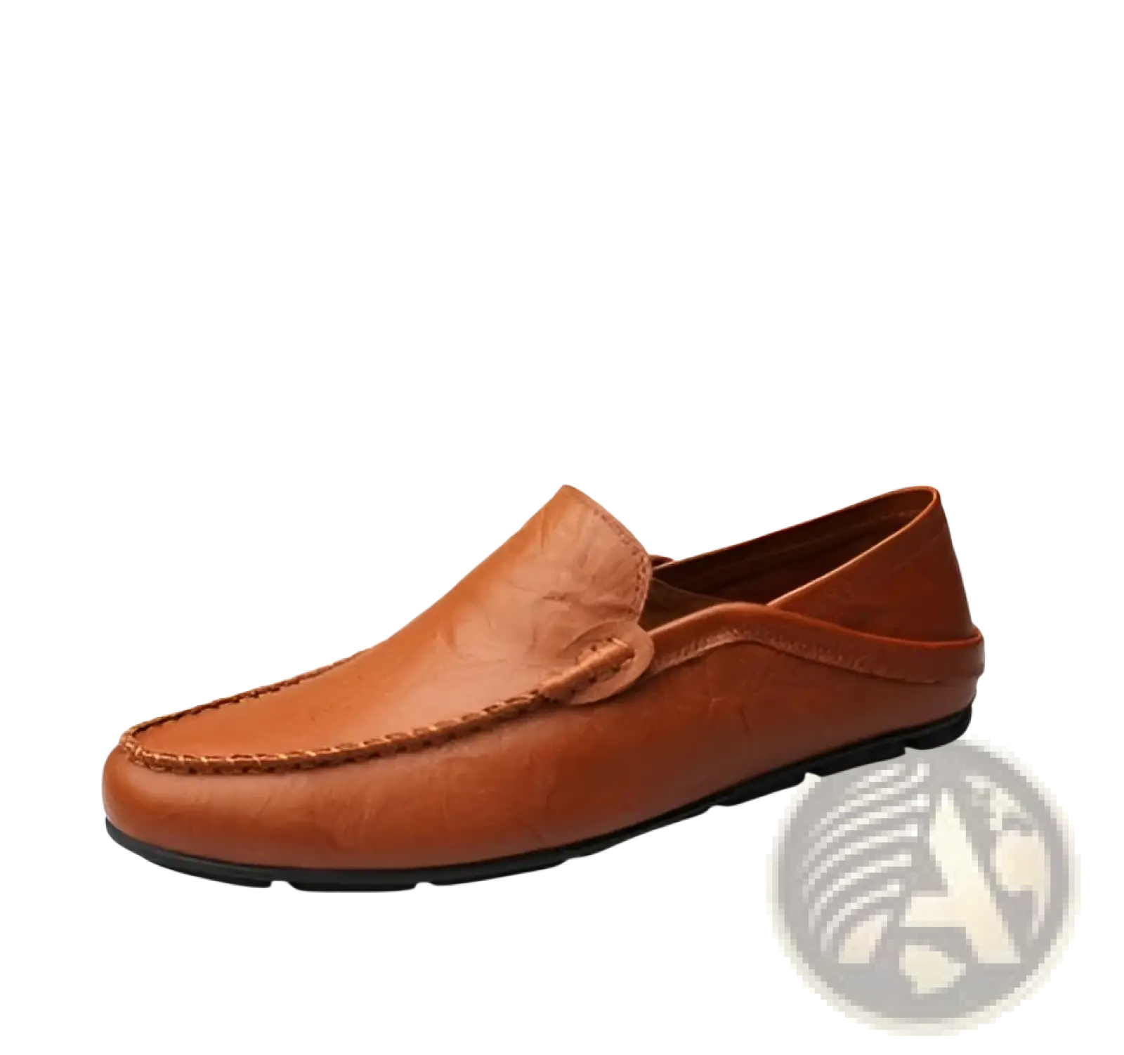 Men’s brown leather slip on loafers with subtle textured pattern and stitched detailing moccasins design